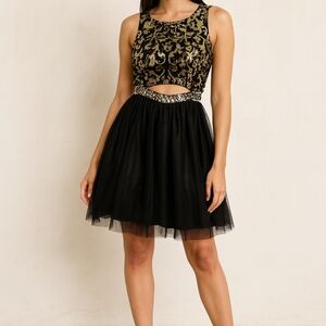 Bee Darlin Size XS Gold Sequin Rhinestone Cut Out Mini Fit & Flare Tulle Dress